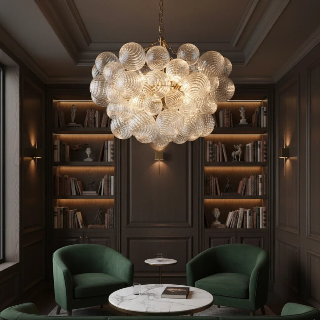 Kronleuchter im Mid-Century-Stil mit gerippten Glaskugeln und verstellbarer Aufhängung