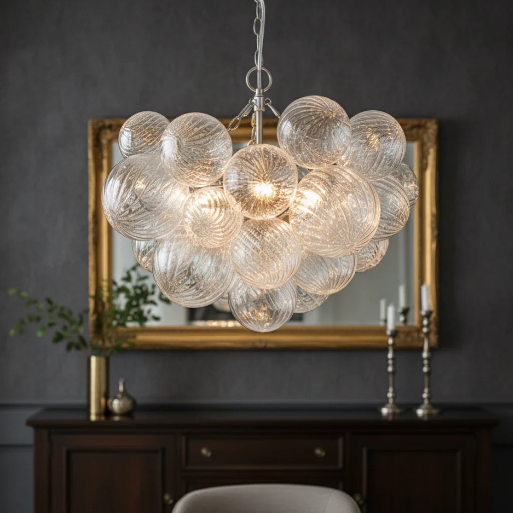 Kronleuchter im Mid-Century-Stil mit gerippten Glaskugeln und verstellbarer Aufhängung