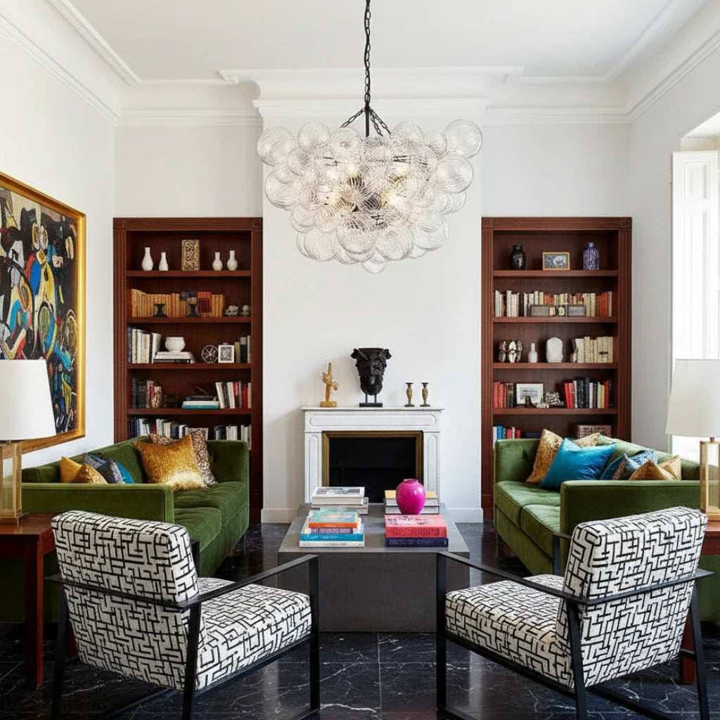 Kronleuchter im Mid-Century-Stil mit gerippten Glaskugeln und verstellbarer Aufhängung