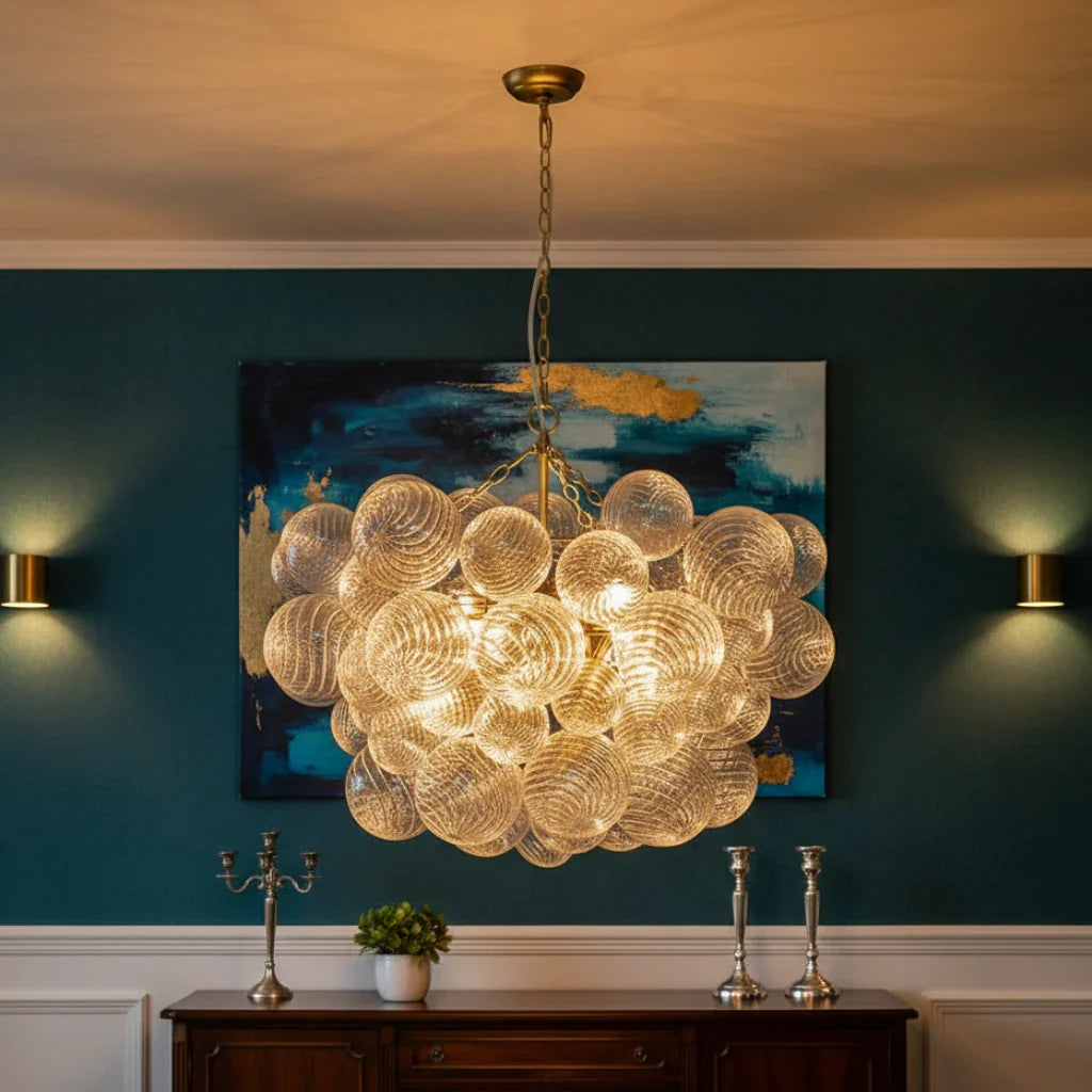 Kronleuchter im Mid-Century-Stil mit gerippten Glaskugeln und verstellbarer Aufhängung