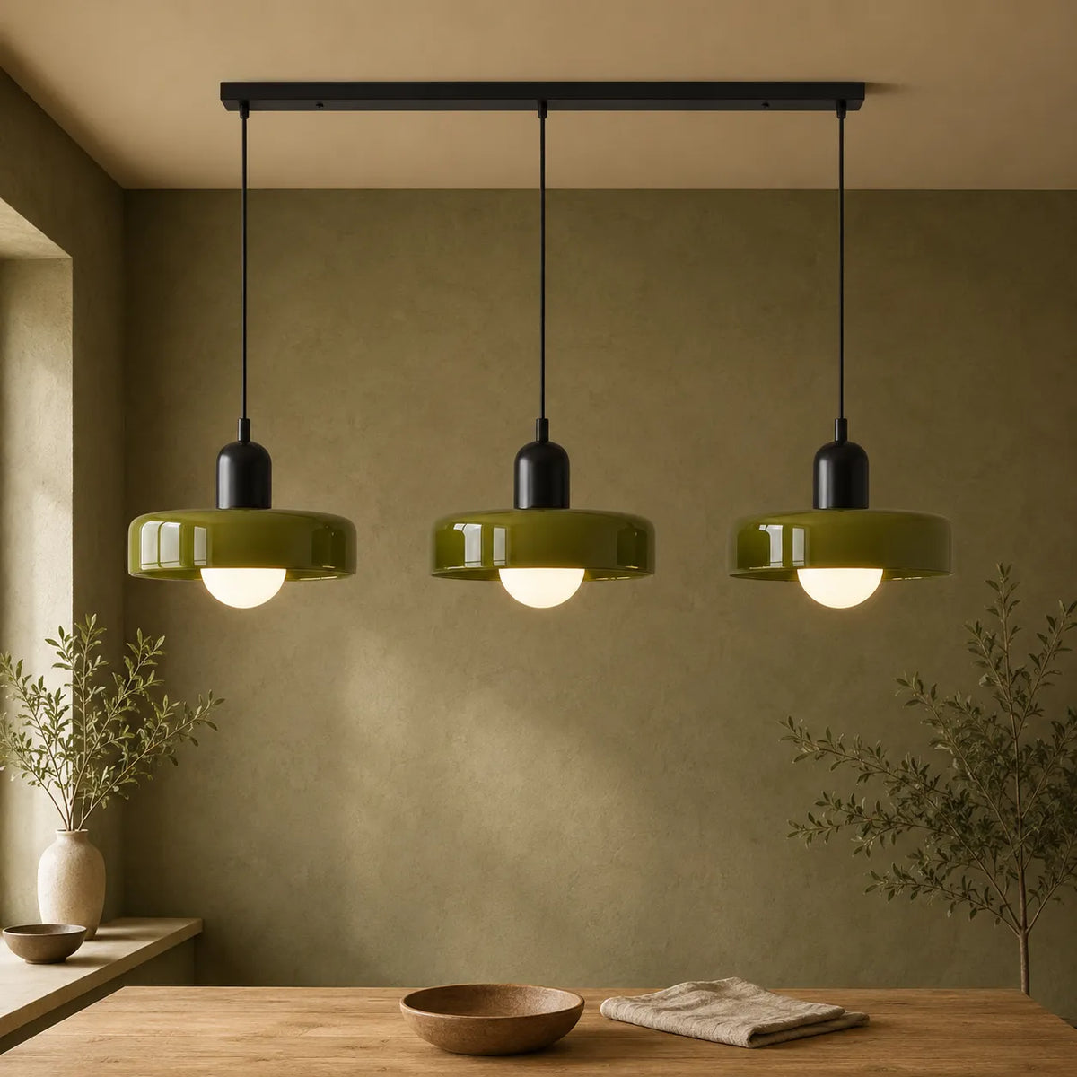 Pendant Light with Three Rounded Glass Shades and Linear Bauhaus Design