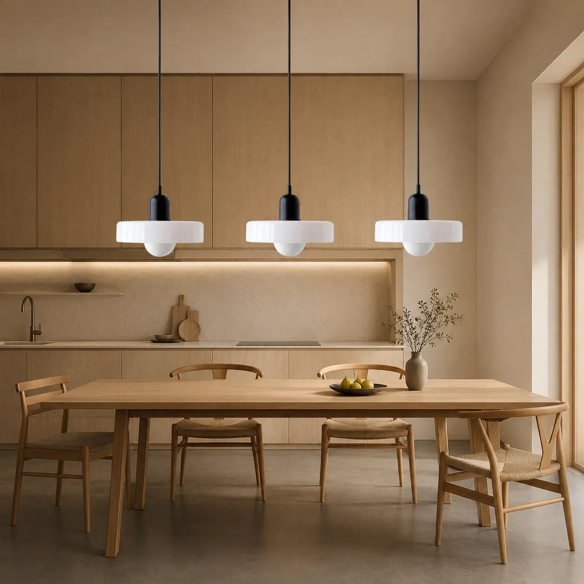 Pendant Light with Three Rounded Glass Shades and Linear Bauhaus Design