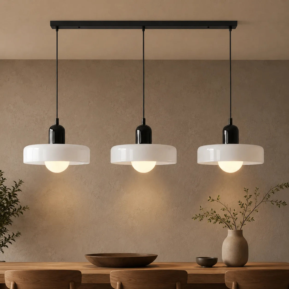 Pendelleuchte mit drei abgerundeten Glasschirmen im linearen Bauhaus-Design