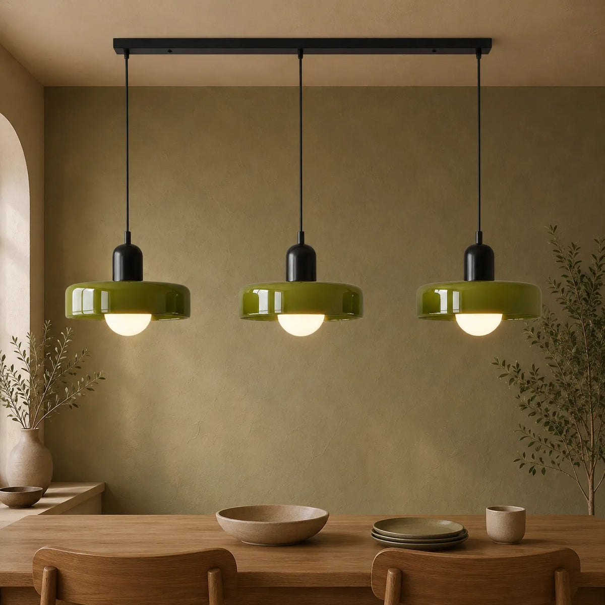 Pendant Light with Three Rounded Glass Shades and Linear Bauhaus Design