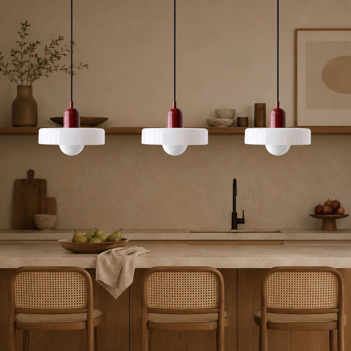 Pendant Light with Three Rounded Glass Shades and Linear Bauhaus Design