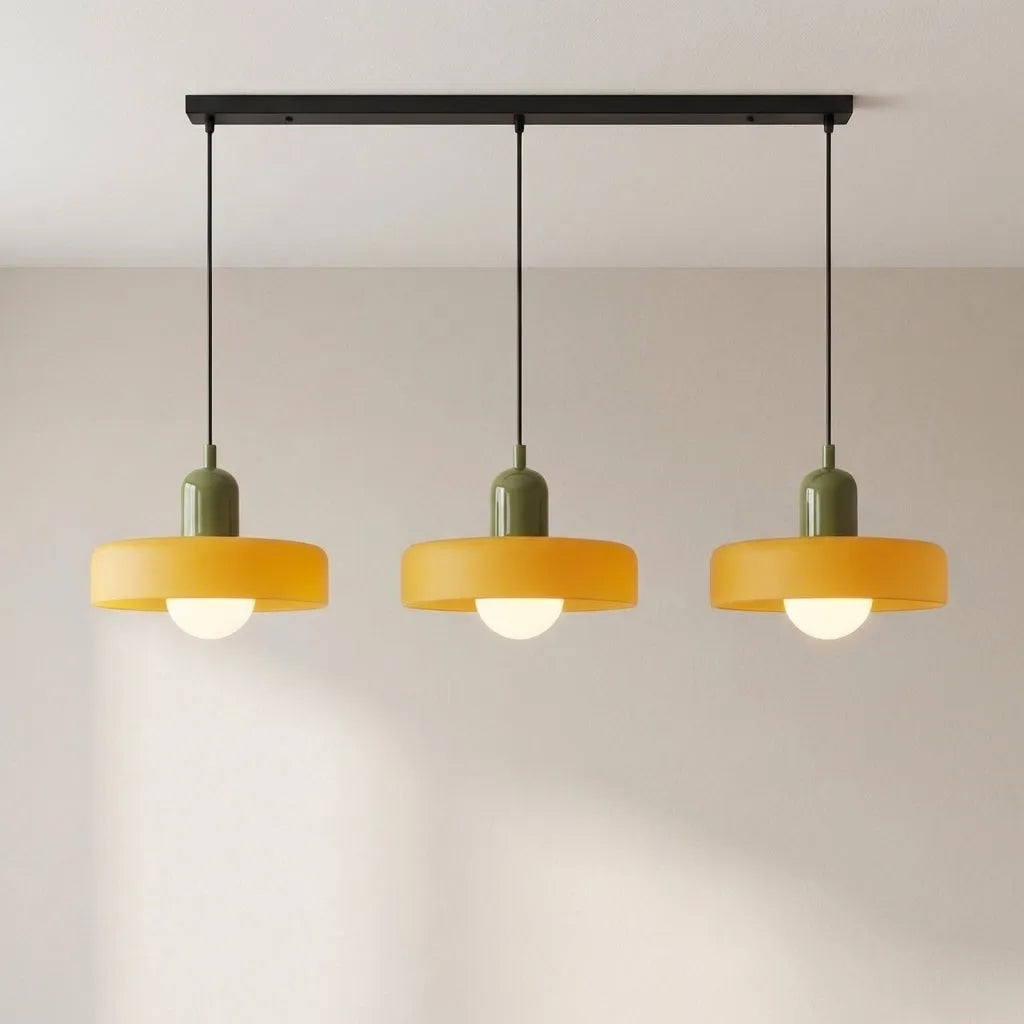 Pendant Light with Three Rounded Glass Shades and Linear Bauhaus Design