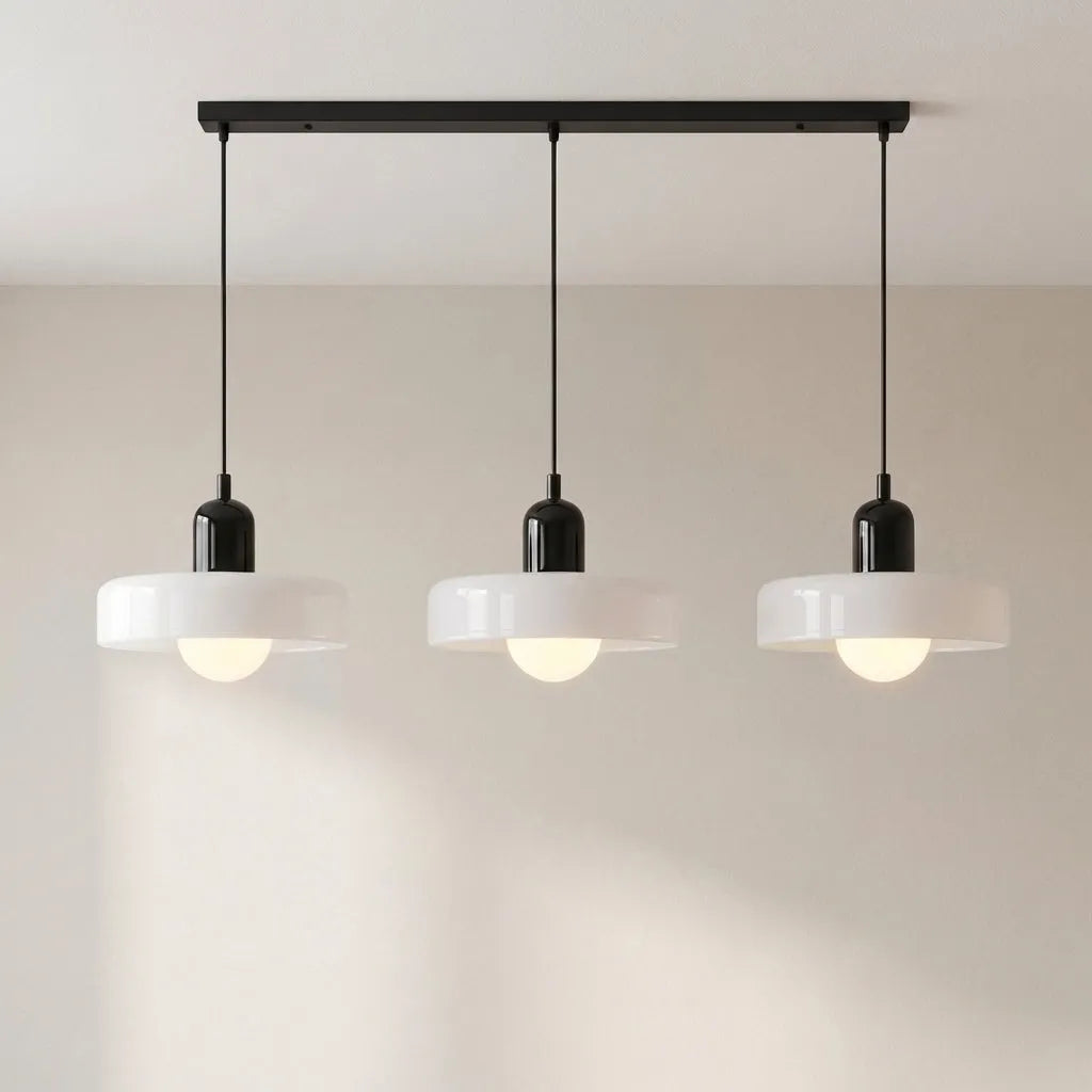 Pendant Light with Three Rounded Glass Shades and Linear Bauhaus Design