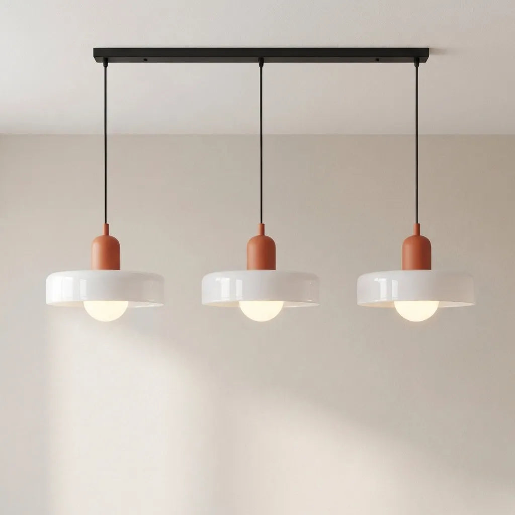 Pendant Light with Three Rounded Glass Shades and Linear Bauhaus Design