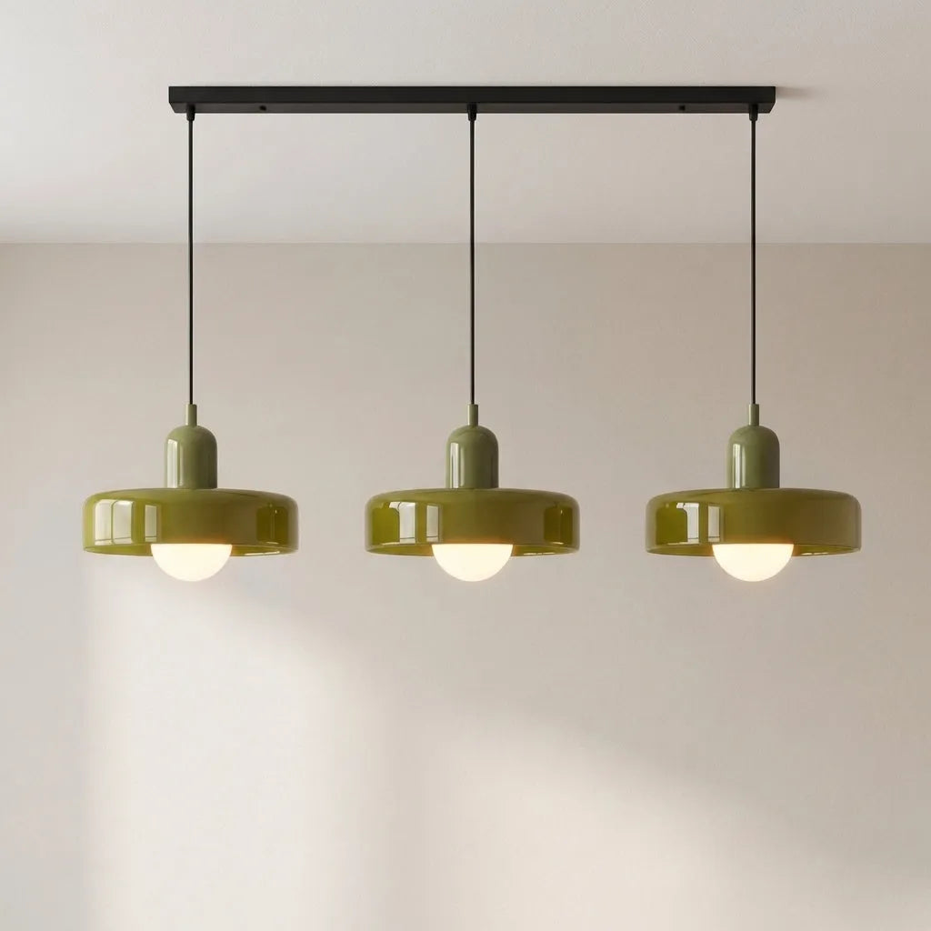 Pendant Light with Three Rounded Glass Shades and Linear Bauhaus Design