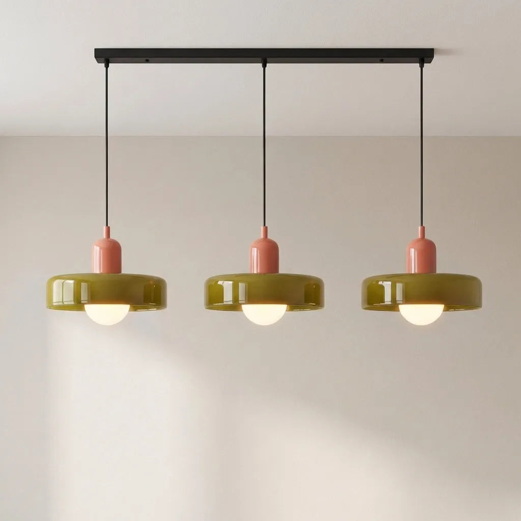 Pendant Light with Three Rounded Glass Shades and Linear Bauhaus Design