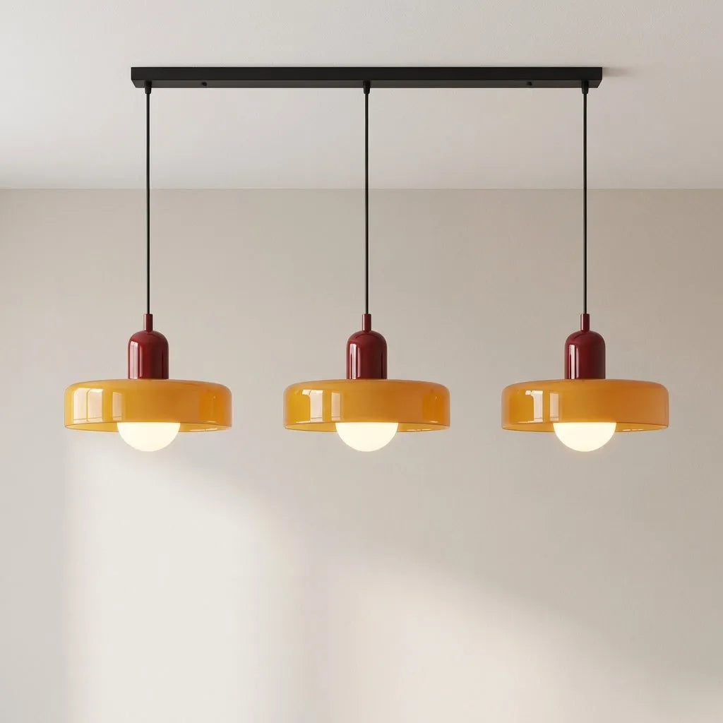 Pendant Light with Three Rounded Glass Shades and Linear Bauhaus Design