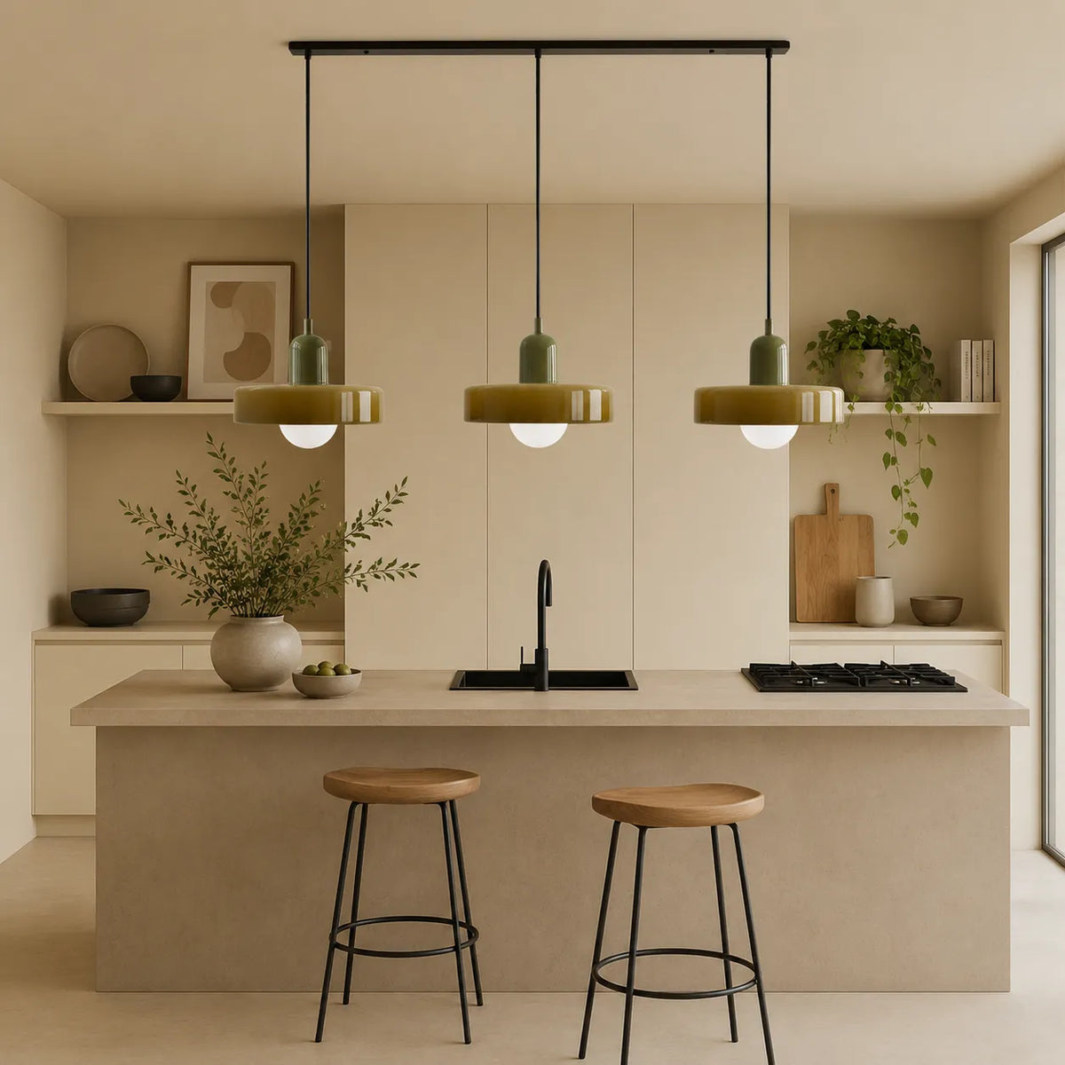 Pendelleuchte mit drei abgerundeten Glasschirmen im linearen Bauhaus-Design