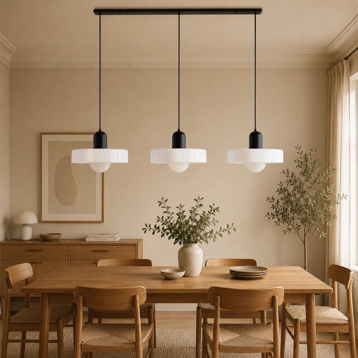 Pendelleuchte mit drei abgerundeten Glasschirmen im linearen Bauhaus-Design