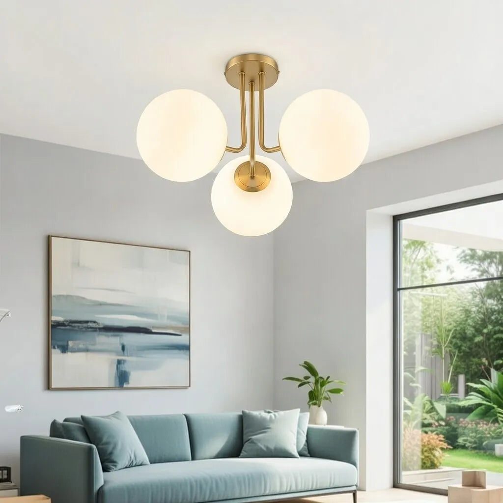 Lounge Ceiling Lights Mid Century 3-Light Sputnik Semi Flush with Frosted Glass Shades