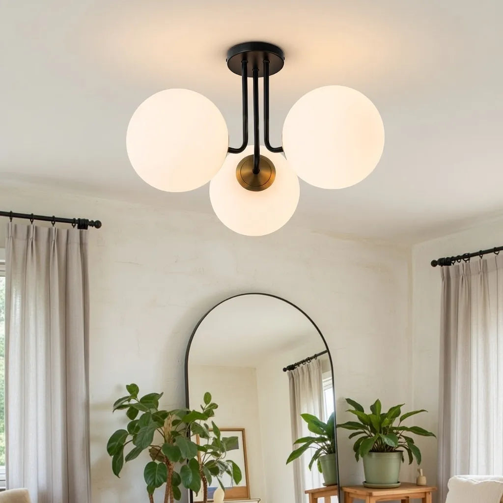 Lounge Ceiling Lights Mid Century 3-Light Sputnik Semi Flush with Frosted Glass Shades