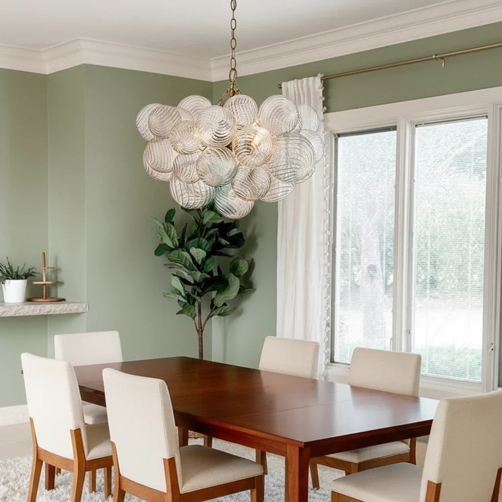 Kronleuchter im Mid-Century-Stil mit gerippten Glaskugeln und verstellbarer Aufhängung