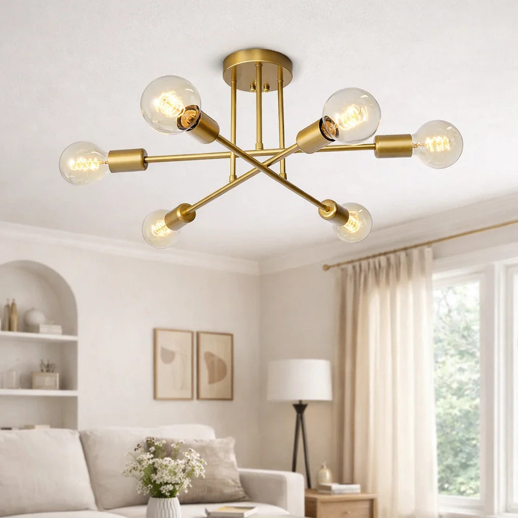 Küchen-Deckenleuchten mit 6 Leuchten im Sputnik-Design, halbaufgesetzt und im Mid-Century-Stil