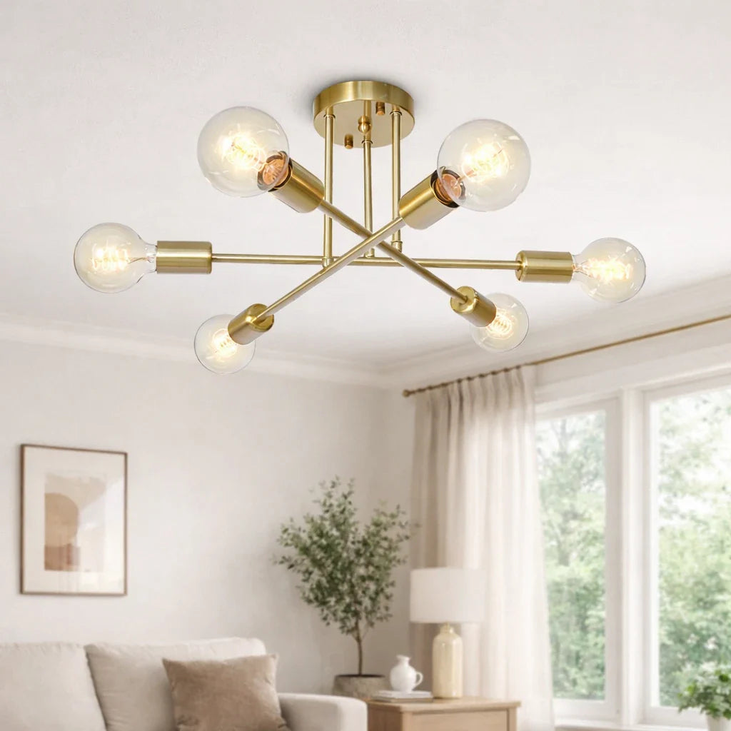 Küchen-Deckenleuchten mit 6 Leuchten im Sputnik-Design, halbaufgesetzt und im Mid-Century-Stil