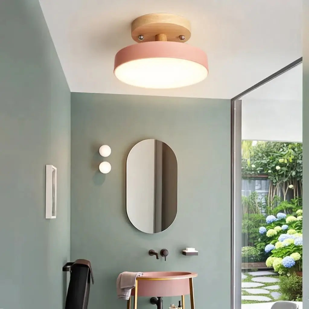 LED Oyster Light with Wood and Metal Scandinavian Design Flush Mount Ceiling Light