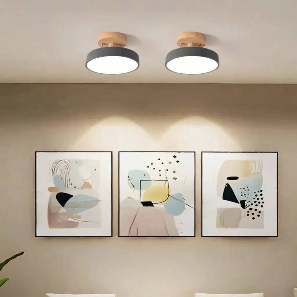 Plafonnier LED rond au design scandinave, en bois et métal