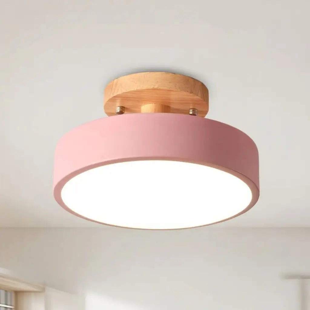 Plafonnier LED rond au design scandinave, en bois et métal