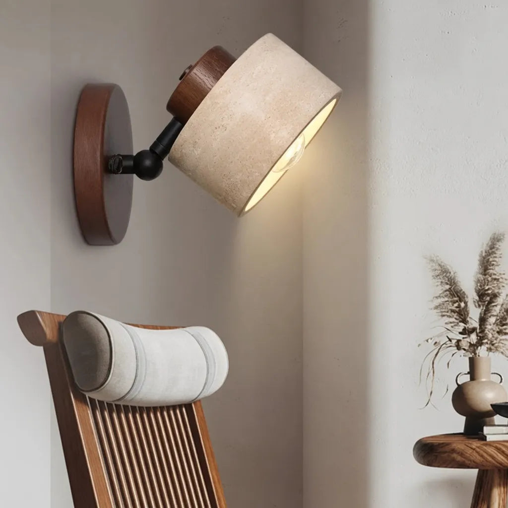 Wall Sconce Lamp with Adjustable Direction and Natural Travertine Stone for Reading