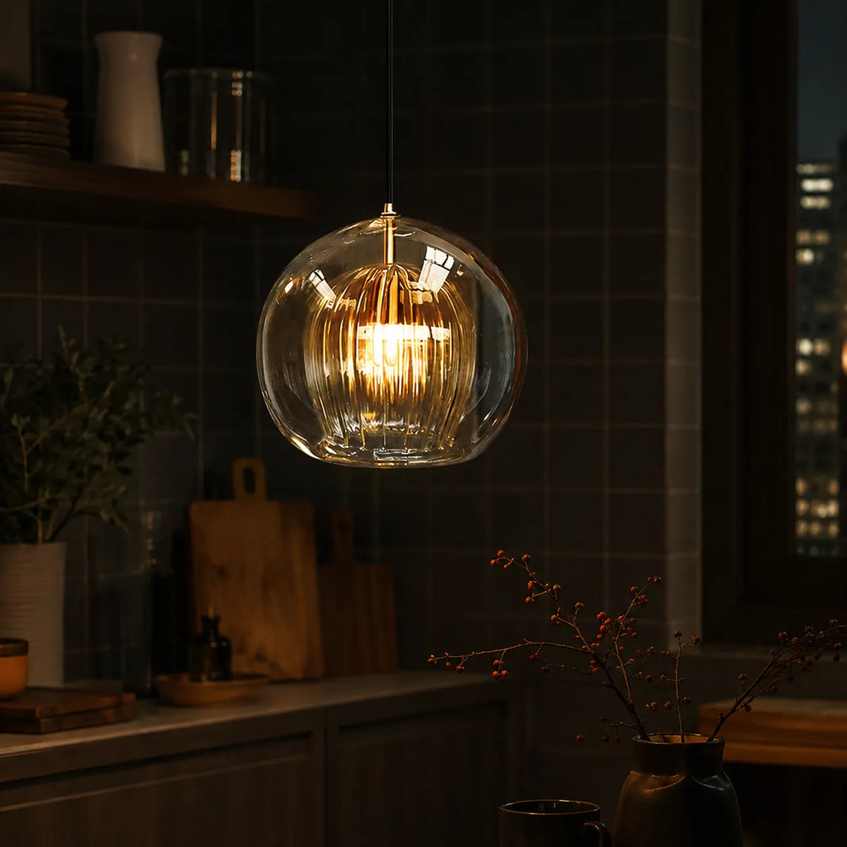 Glass Globe Pendant Light with Adjustable Hanging Height for Dining Room and Kitchen