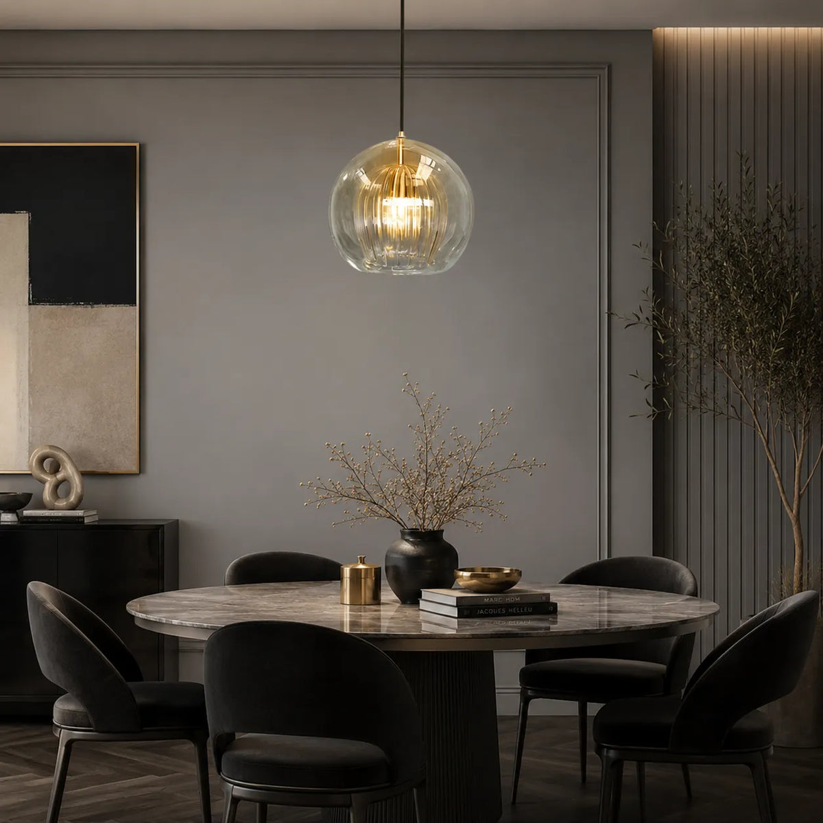 Glass Globe Pendant Light with Adjustable Hanging Height for Dining Room and Kitchen
