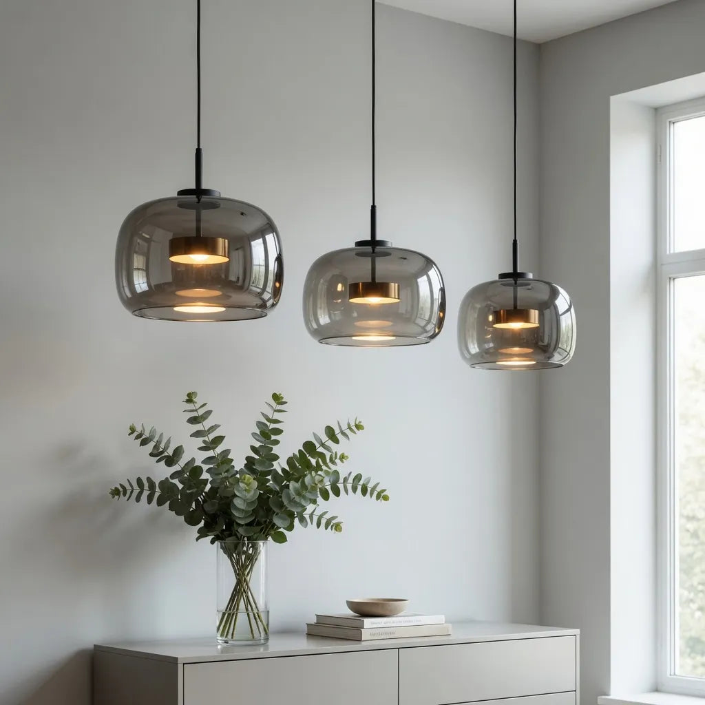Pendelleuchte mit skulpturalem Glasschirm und mehrschichtigem LED-Leuchten