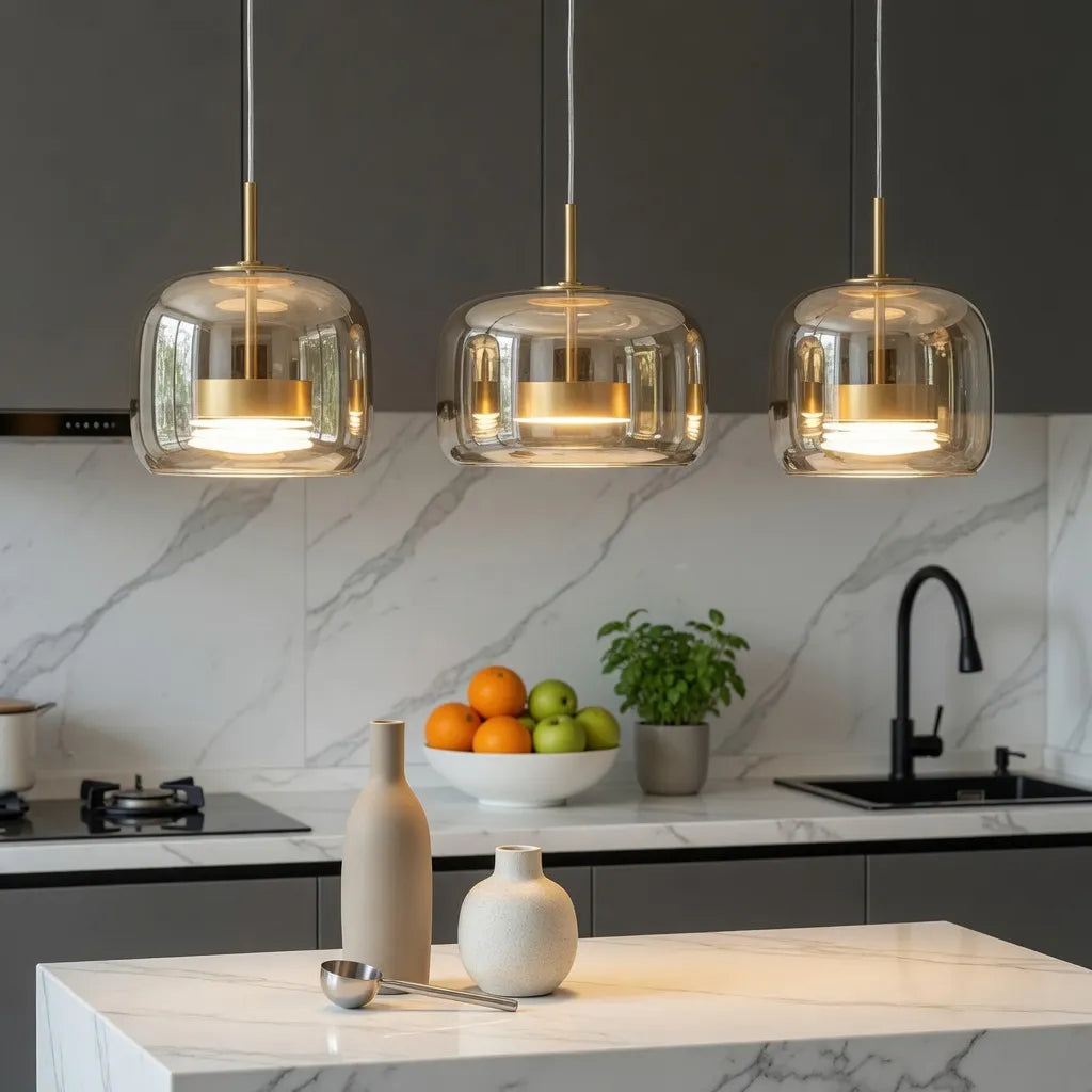 Pendant Light with Sculpted Glass Shade and Layered LED Glow