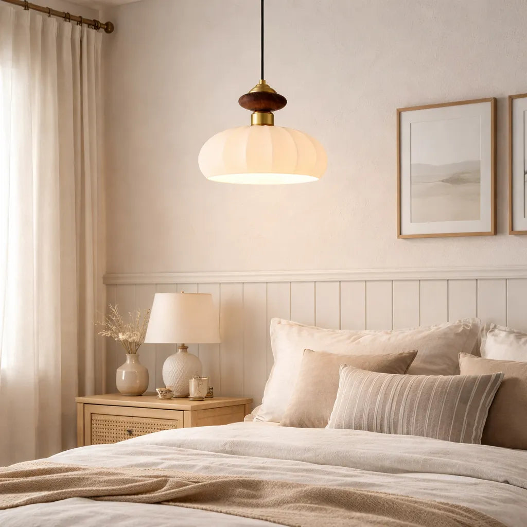 Pendant Light with Ribbed Glass Shade and Brass Accents for Kitchen Island