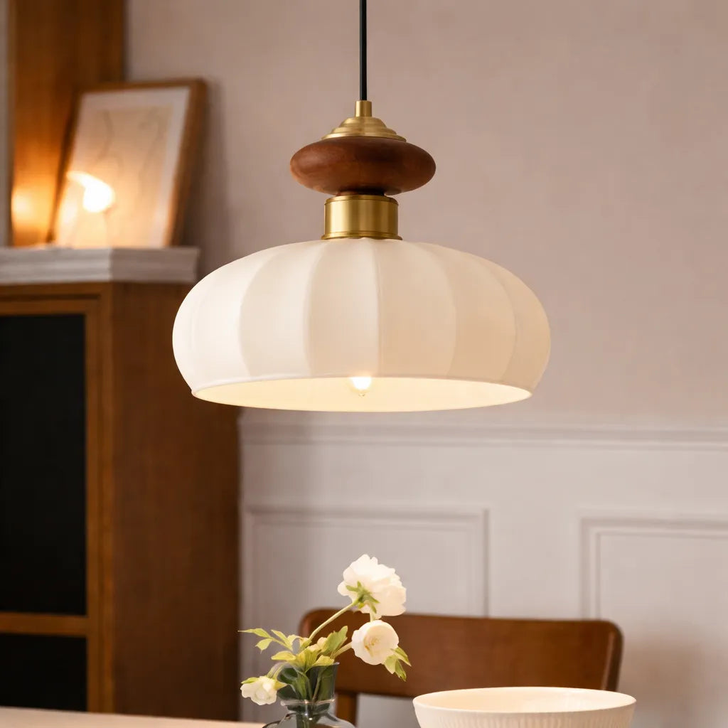 Pendant Light with Ribbed Glass Shade and Brass Accents for Kitchen Island