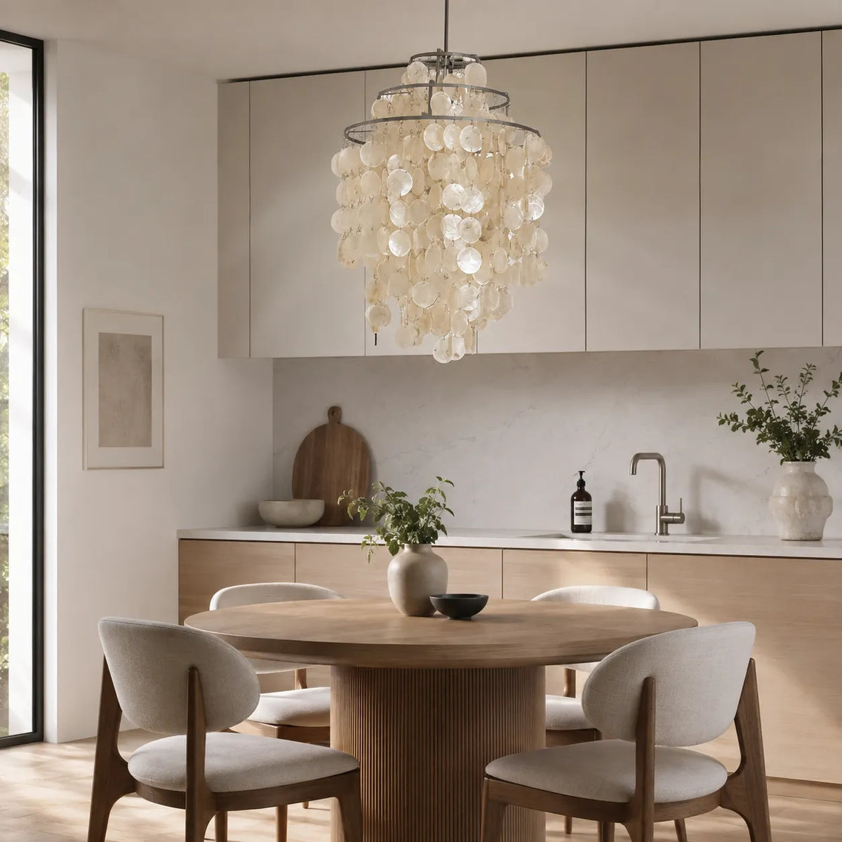 Seashell Pendant Light with Layered Natural Shell Design and Sculptural Iron Frame