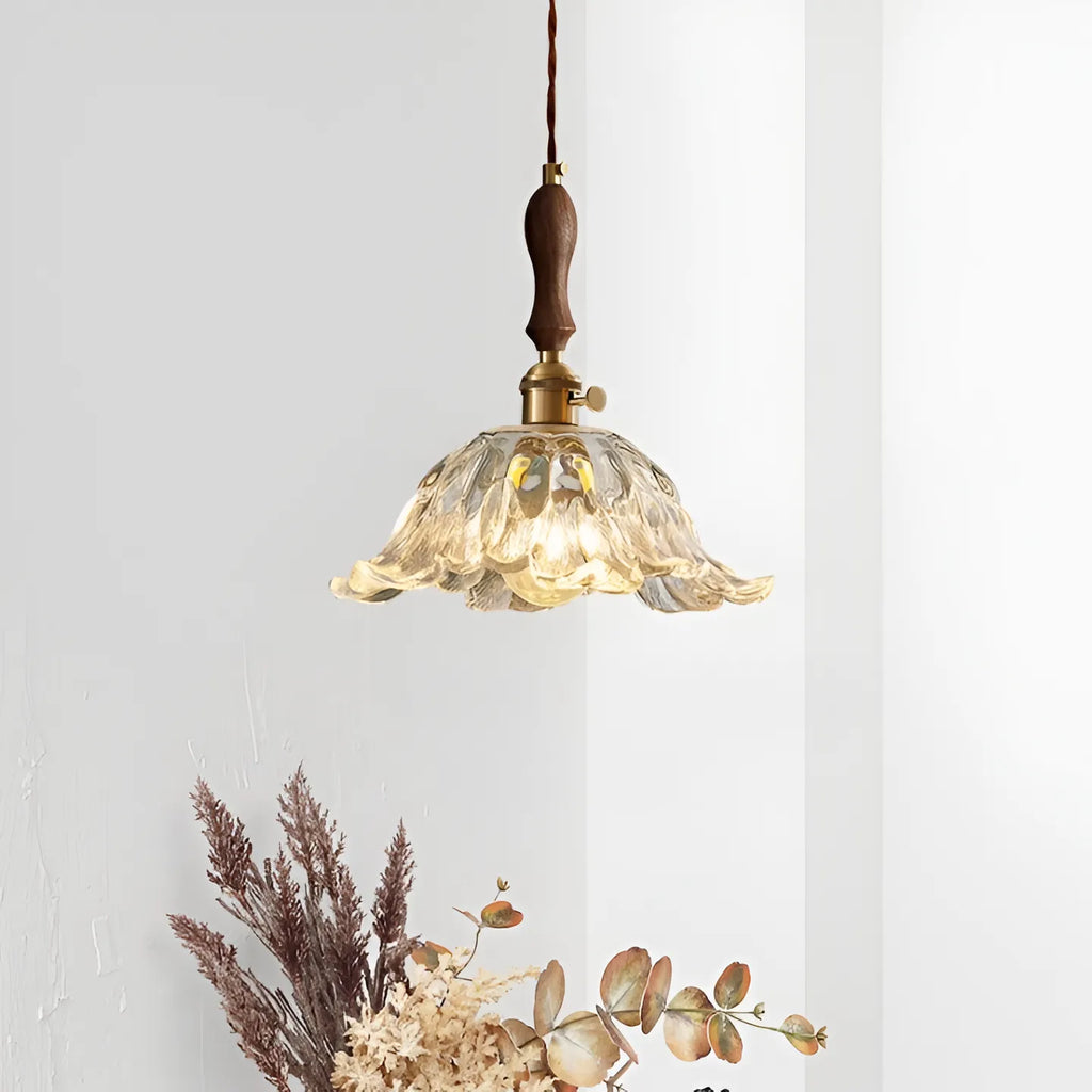 Suspension avec abat-jour en verre en forme de fleur, LED et éclairage vintage pour salle à manger
