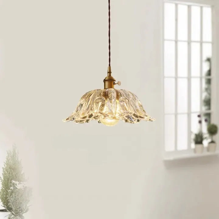 Suspension avec abat-jour en verre en forme de fleur, LED et éclairage vintage pour salle à manger