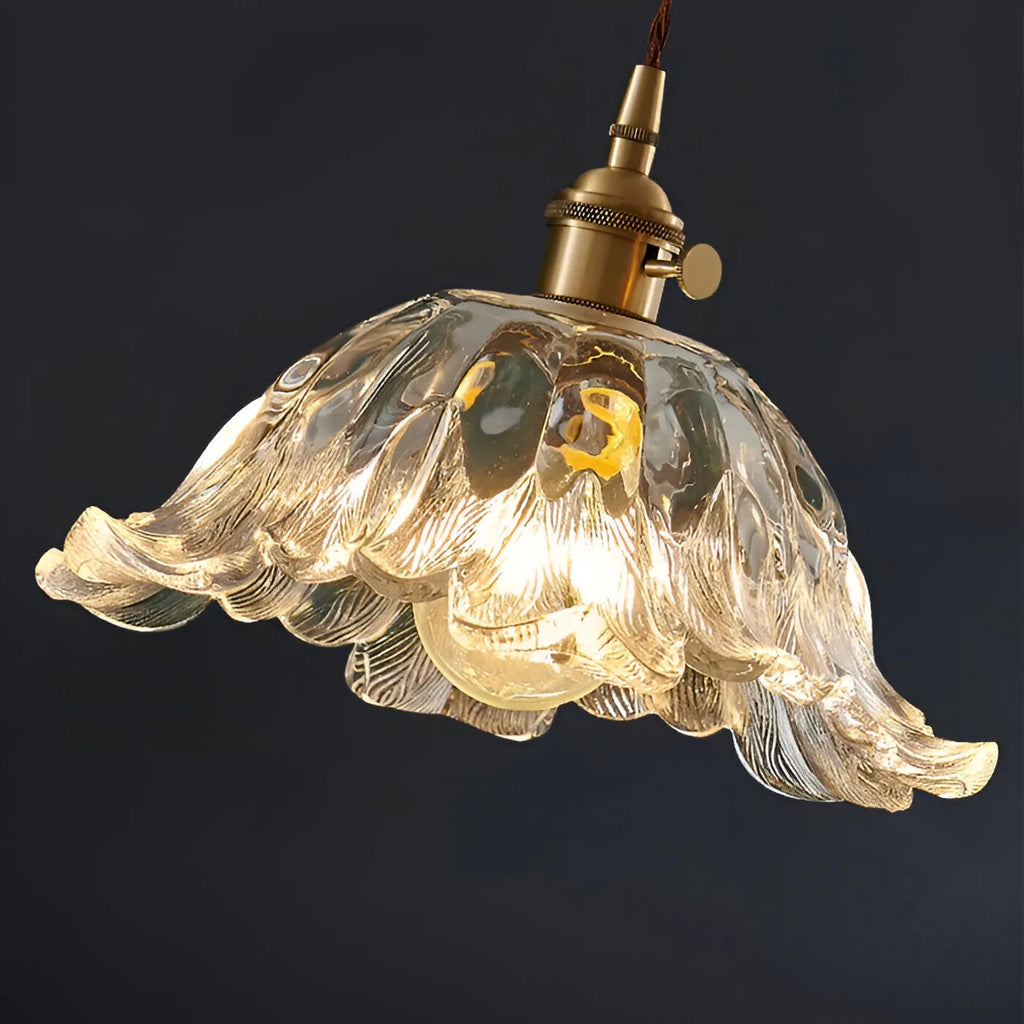 Suspension avec abat-jour en verre en forme de fleur, LED et éclairage vintage pour salle à manger