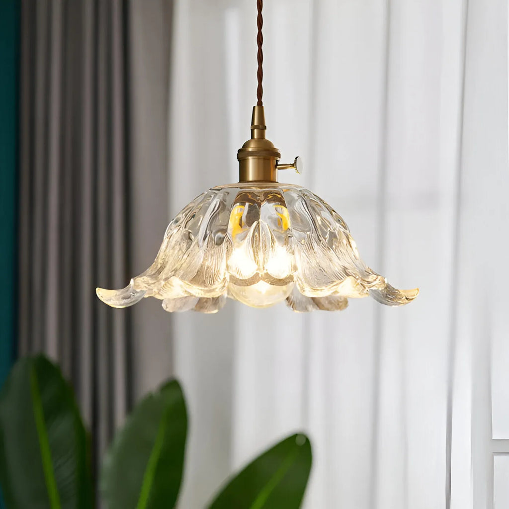 Suspension avec abat-jour en verre en forme de fleur, LED et éclairage vintage pour salle à manger