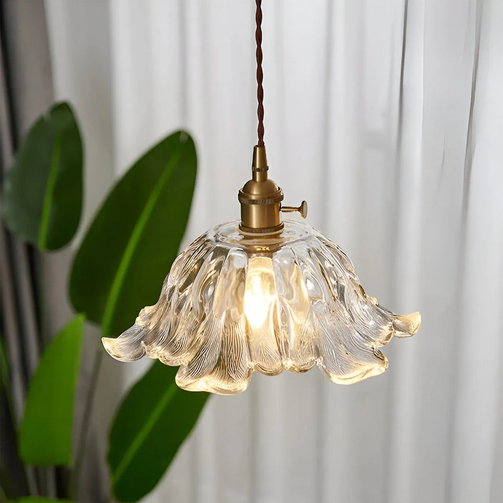 Suspension avec abat-jour en verre en forme de fleur, LED et éclairage vintage pour salle à manger
