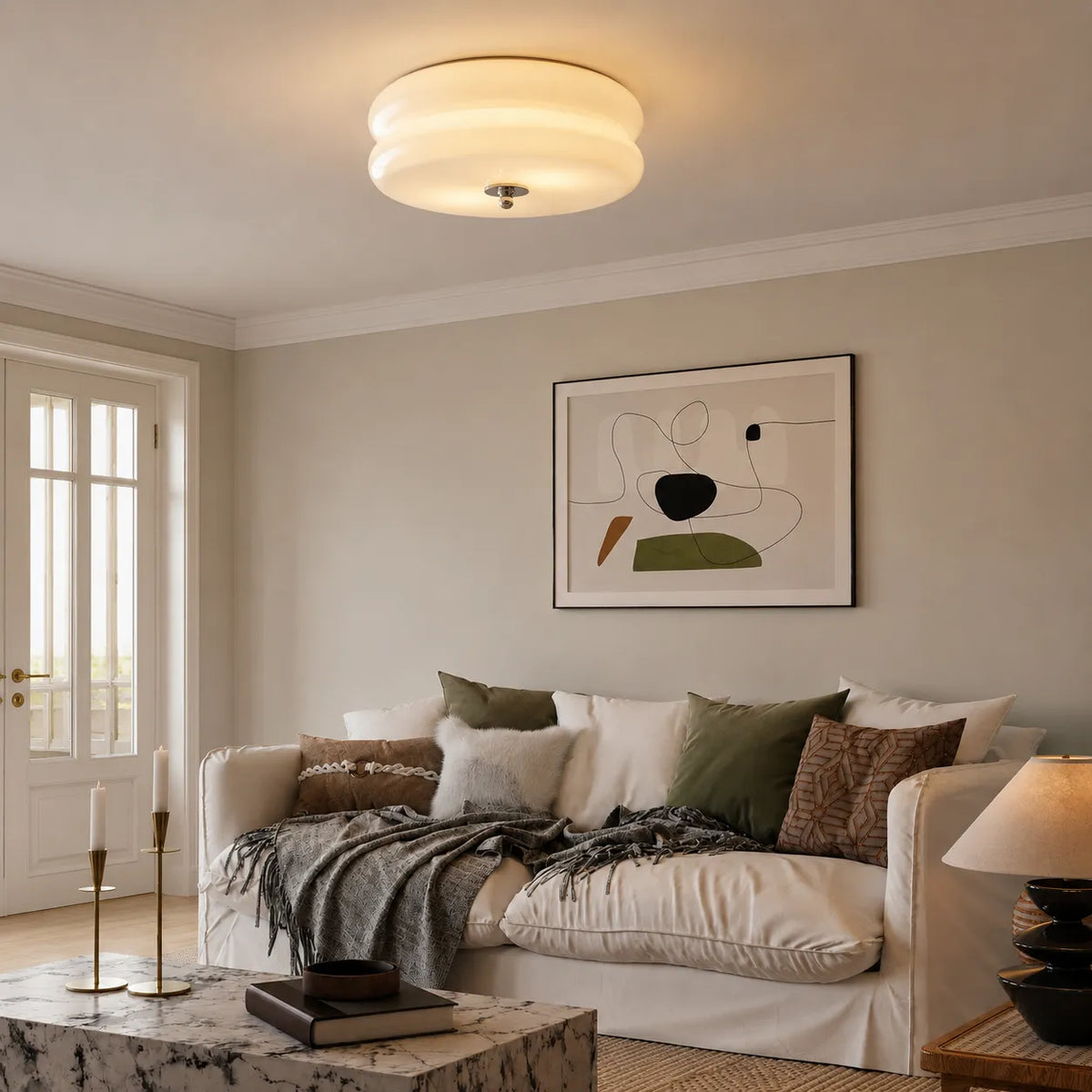 Deckenleuchte mit Opalglasdiffusor im Art-déco-Stil für das Wohnzimmer