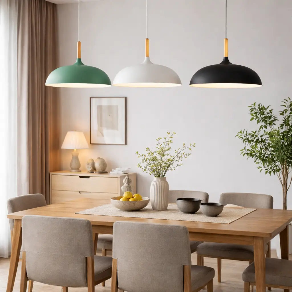 Suspension pour îlot de cuisine avec abat-jour en bois et en fer, style moderne pour salle à manger