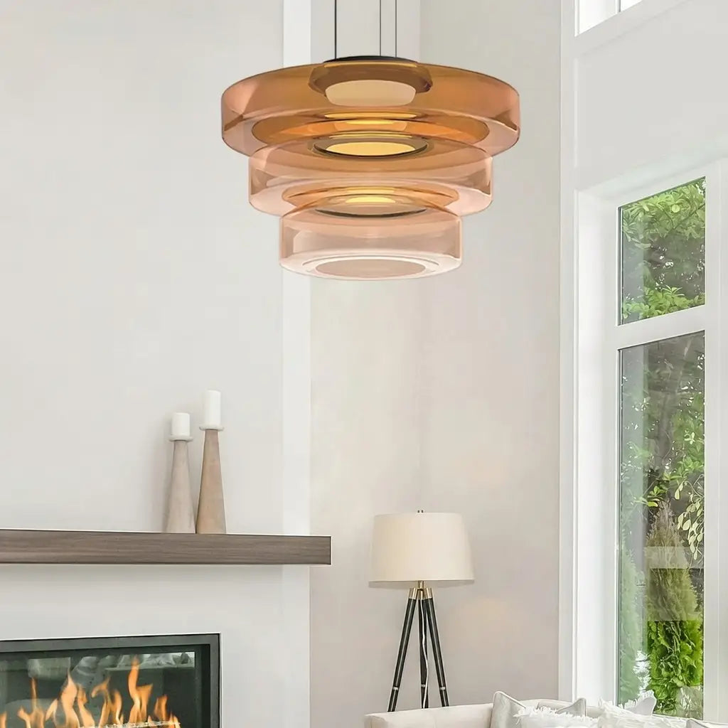 Pendant Light with Layered Glass and LED for Living Room Dining or Kitchen