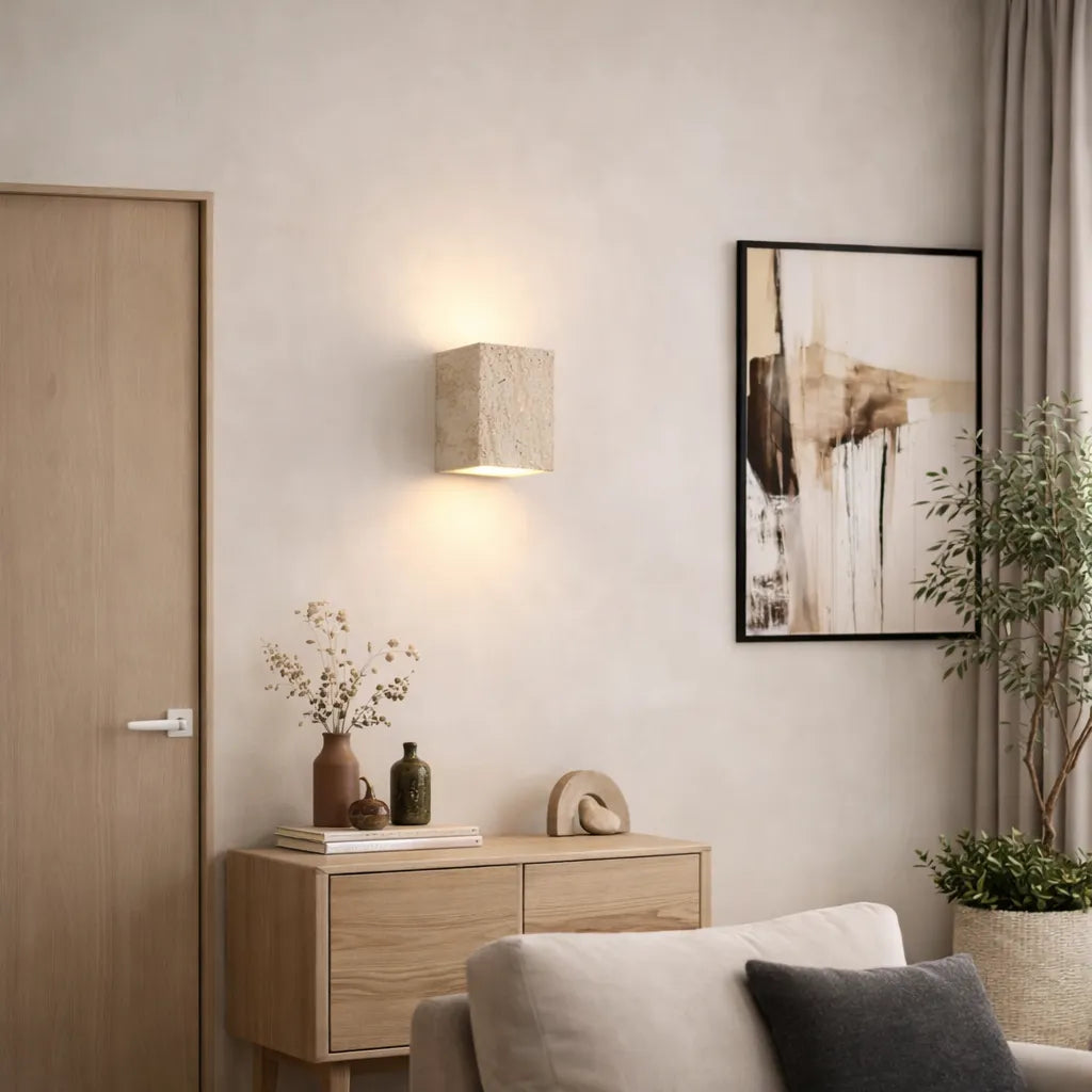 Wall Light with Natural Travertine Stone and Up Down LED Illumination