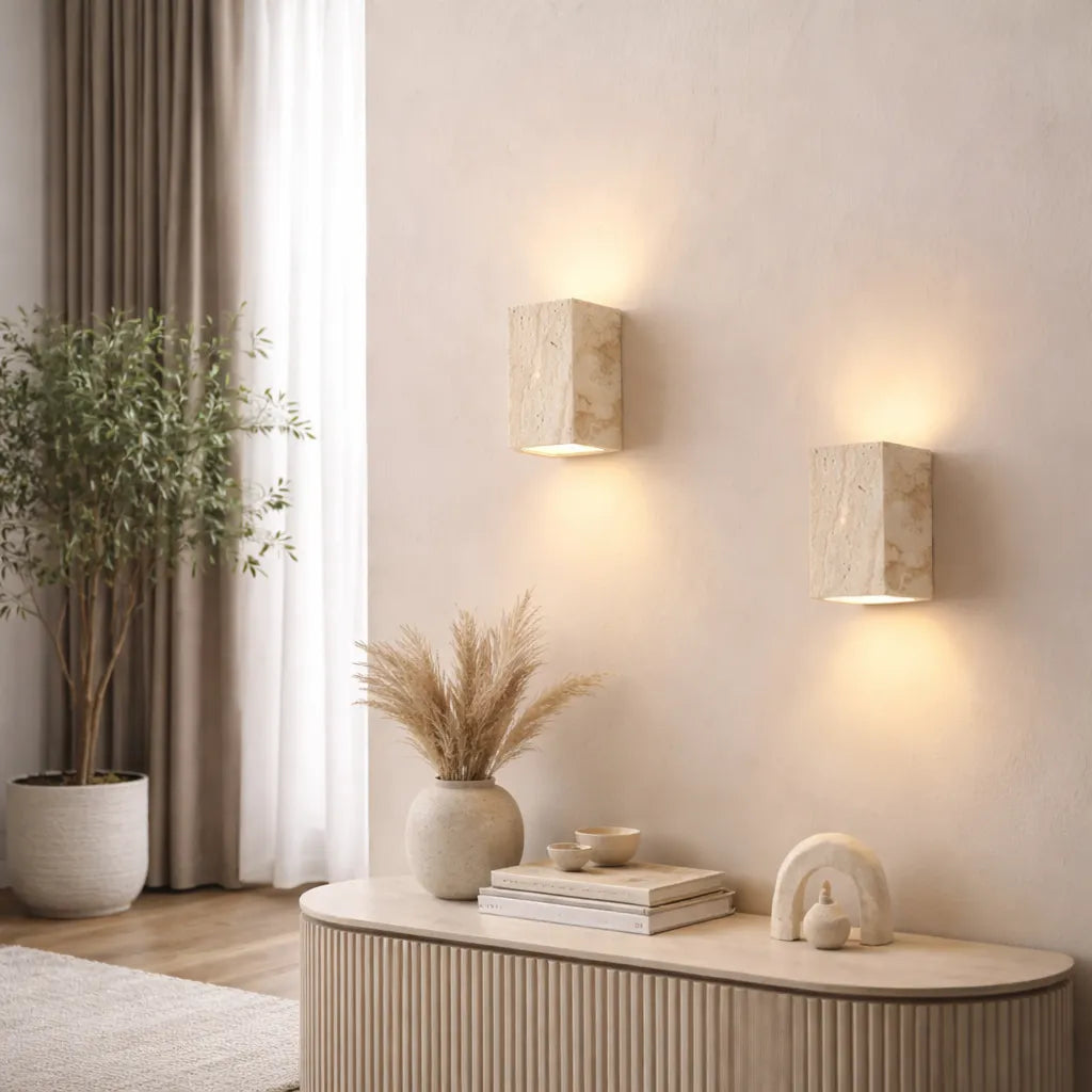 Wall Light with Natural Travertine Stone and Up Down LED Illumination