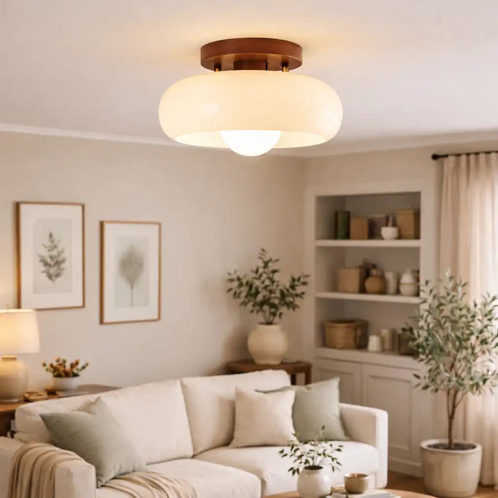 Deckenleuchte mit cremefarbenem Glasschirm im Bauhaus-Stil für moderne Schlafzimmer