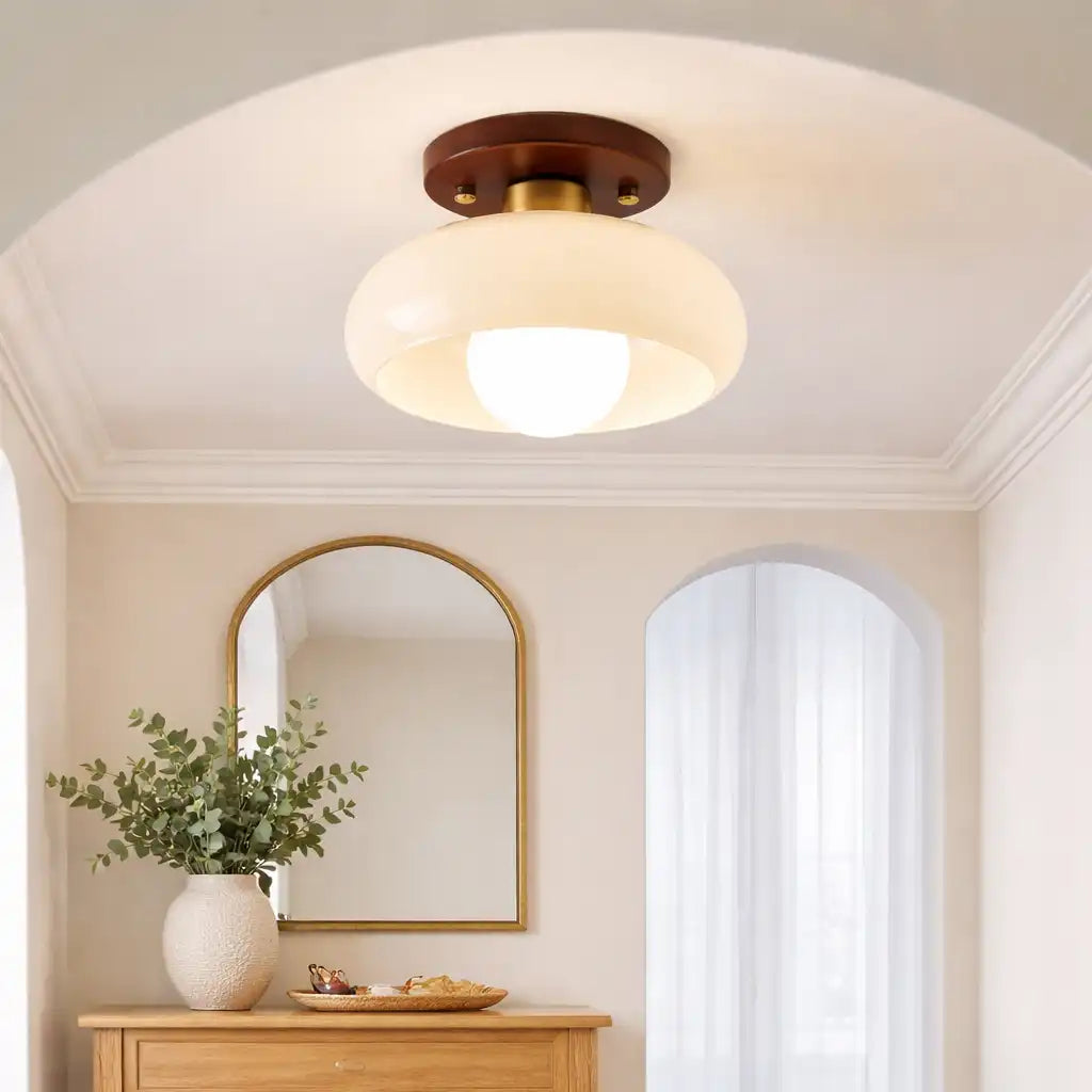 Oyster Light with Cream Glass Shade Bauhaus Flush Mount Ceiling Light for Modern Bedrooms