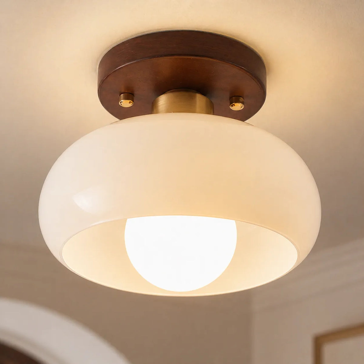 Oyster Light with Cream Glass Shade Bauhaus Flush Mount Ceiling Light for Modern Bedrooms