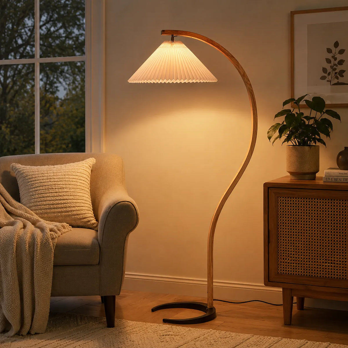 Living Room Floor Lamp with Natural Beech Wood Stem and Linen Shade