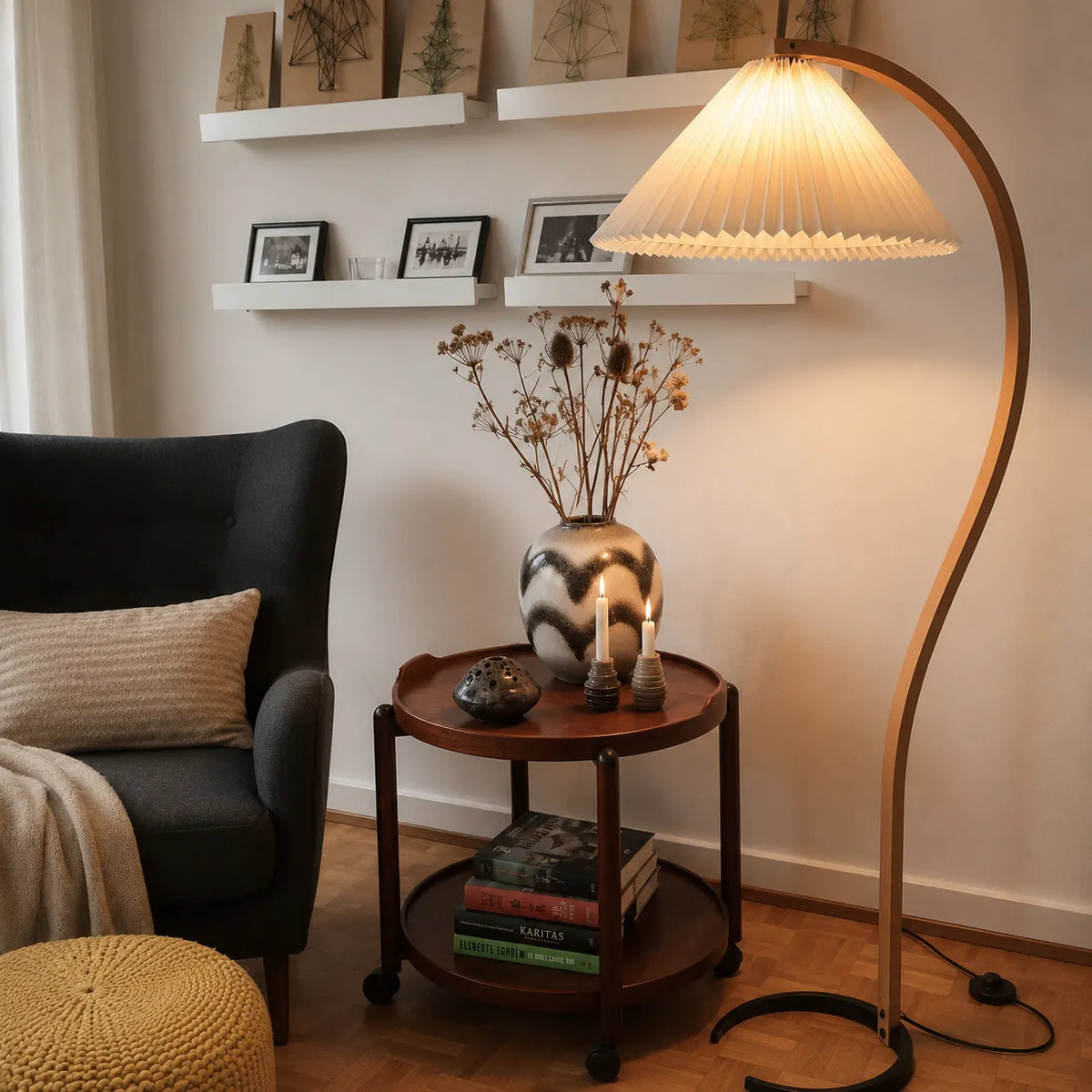 Living Room Floor Lamp with Natural Beech Wood Stem and Linen Shade