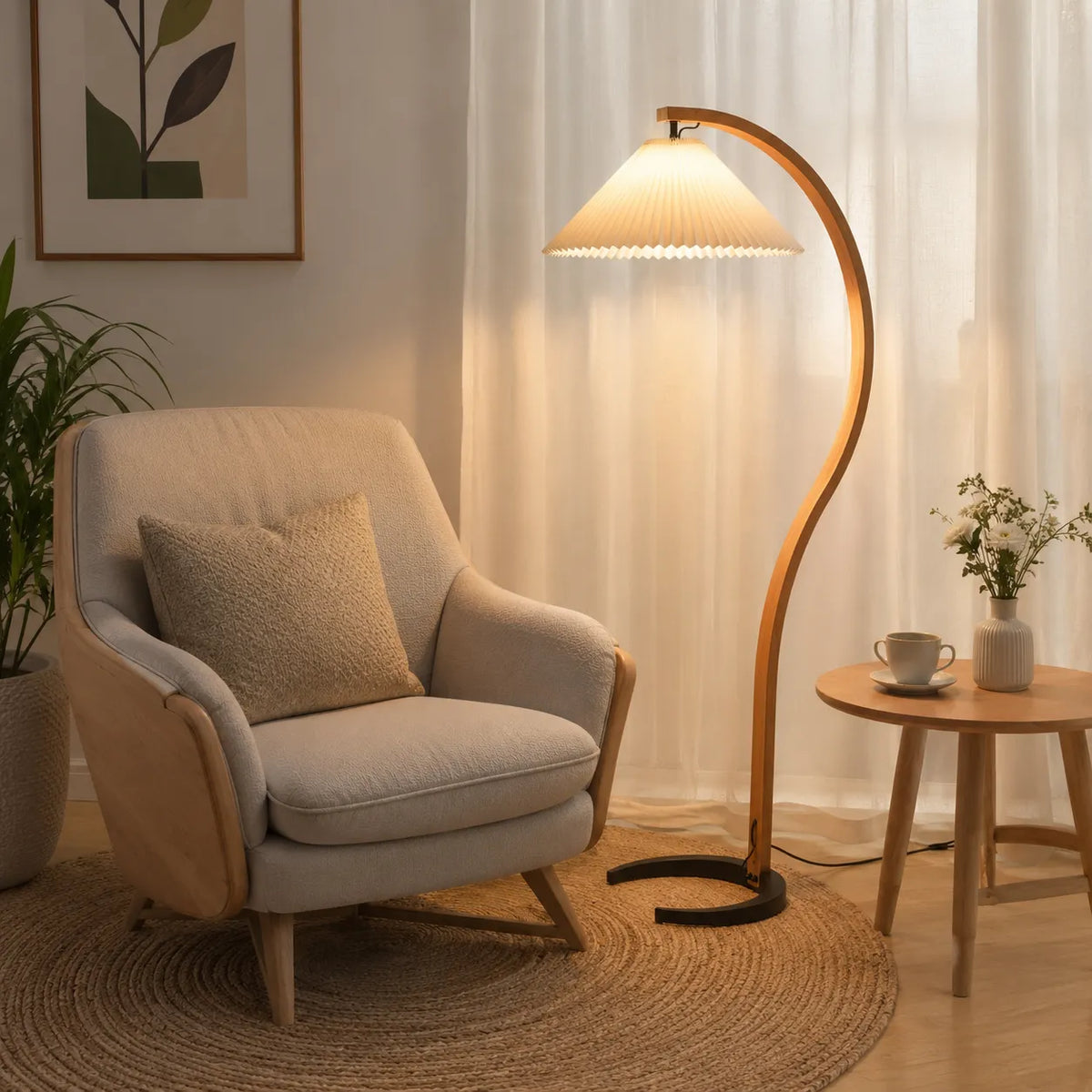 Stehlampe fürs Wohnzimmer mit Ständer aus natürlichem Buchenholz und Leinenschirm