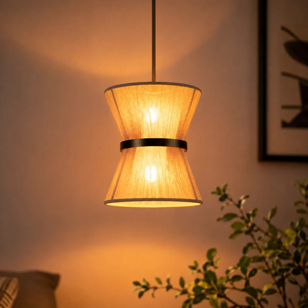 Pendant Light with Woven Rope Hourglass Shade and Metallic Detailing